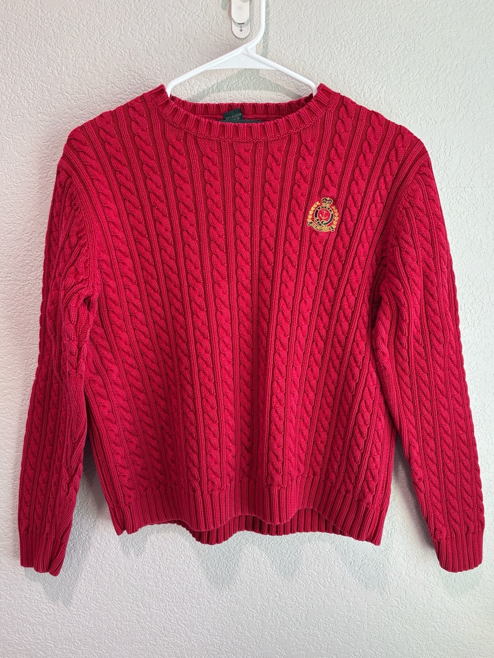 VTG Lauren Ralph Lauren Red Cable Knit Crewneck Sweater Bullion Crest Patch M